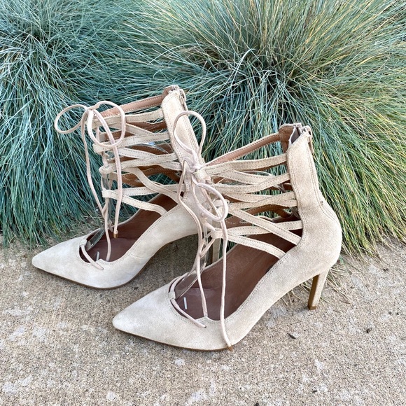 Free People x Jeffrey Campbell Hierro Heels Suede Beige Back Zip Stiletto Tan - Picture 5 of 10